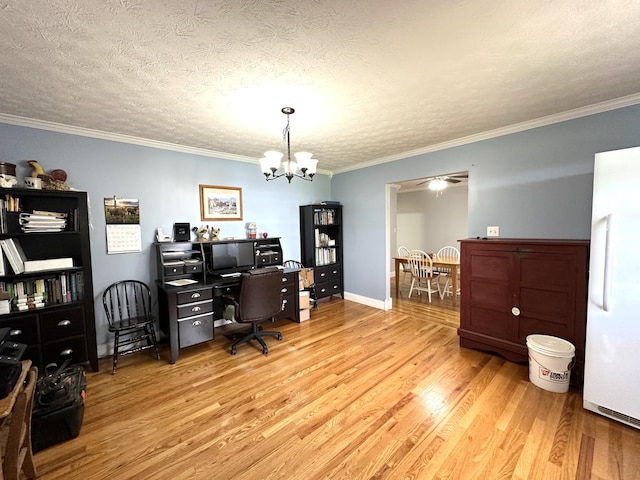 498 Winding Blade Rd, East Bernstadt, KY 40729 - office space with light wood-style floors, a chandelier, crown molding, a textured ceiling, and baseboards