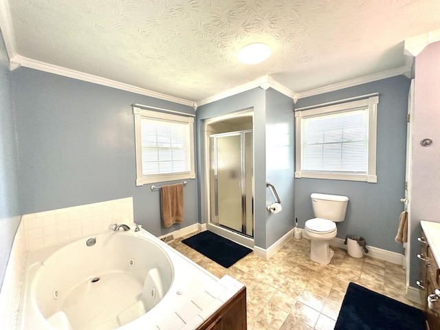 498 Winding Blade Rd, East Bernstadt, KY 40729 - full bathroom with vanity, a stall shower, a whirlpool tub, toilet, and crown molding