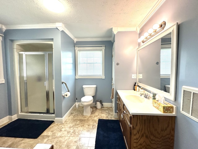 498 Winding Blade Rd, East Bernstadt, KY 40729 - full bathroom featuring toilet, vanity, a shower stall, baseboards, and crown molding