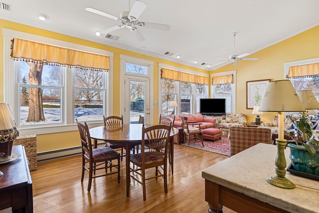 1483 Cypress St, Paris, KY 40361 - dining room with a ceiling fan, crown molding, light wood finished floors, recessed lighting, and baseboard heating
