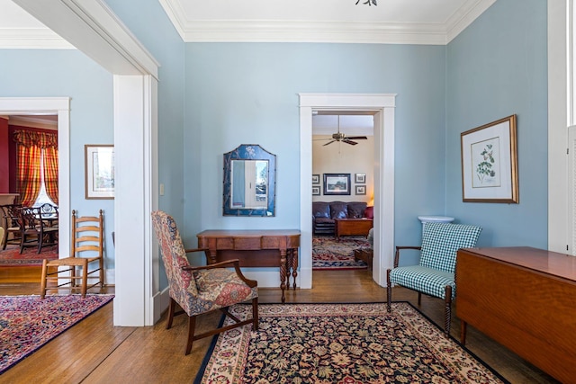 1483 Cypress St, Paris, KY 40361 - sitting room with wood finished floors, ornamental molding, and ceiling fan