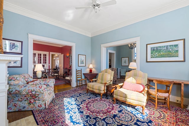 1483 Cypress St, Paris, KY 40361 - living area with crown molding, wood finished floors, and ceiling fan