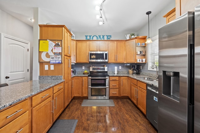 929 Lauderdale Dr, Lexington, KY 40515 - kitchen with stainless steel appliances, a sink, dark wood-type flooring, and stone countertops