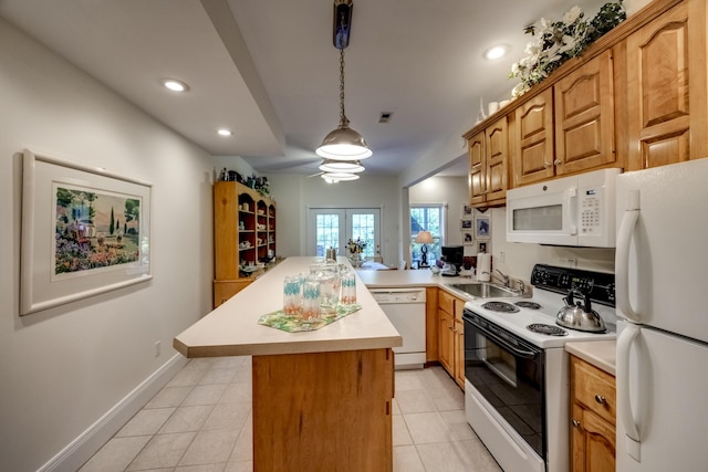115 Old Bridge Rd, Danville, KY 40422 - kitchen featuring white appliances, light countertops, a peninsula, light tile patterned floors, and recessed lighting