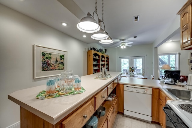 115 Old Bridge Rd, Danville, KY 40422 - kitchen featuring white appliances, brown cabinetry, light countertops, recessed lighting, and a ceiling fan