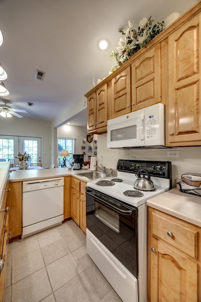 115 Old Bridge Rd, Danville, KY 40422 - kitchen featuring white appliances, ceiling fan, a sink, light countertops, and a peninsula
