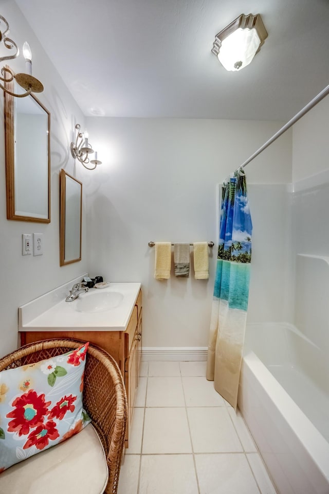 115 Old Bridge Rd, Danville, KY 40422 - bathroom featuring vanity, tile patterned floors, shower / tub combo with curtain, and baseboards