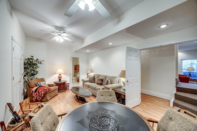 115 Old Bridge Rd, Danville, KY 40422 - living room with a ceiling fan, wood finished floors, recessed lighting, and stairs