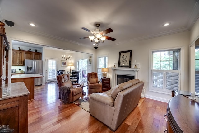 115 Old Bridge Rd, Danville, KY 40422 - living room featuring a chandelier, plenty of natural light, ceiling fan, crown molding, and recessed lighting