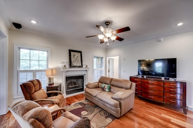115 Old Bridge Rd, Danville, KY 40422 - living room featuring ceiling fan, light wood-style floors, a fireplace, crown molding, and recessed lighting