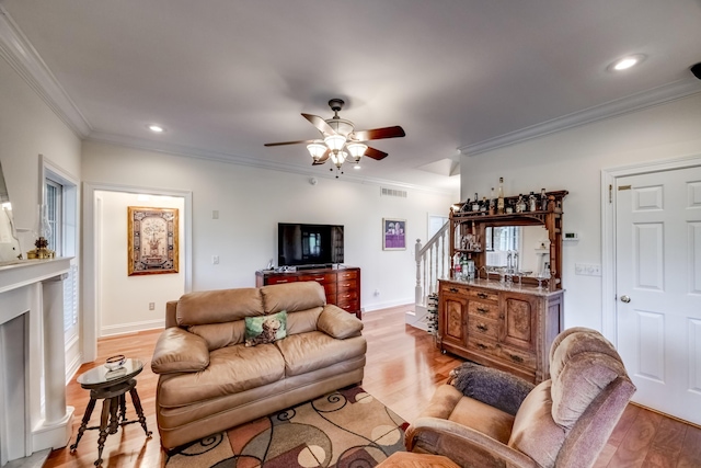 115 Old Bridge Rd, Danville, KY 40422 - living area with ceiling fan, crown molding, light wood-type flooring, stairs, and recessed lighting