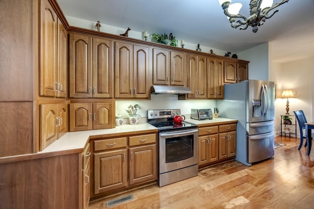 115 Old Bridge Rd, Danville, KY 40422 - kitchen with stainless steel appliances, under cabinet range hood, light countertops, light wood finished floors, and a chandelier