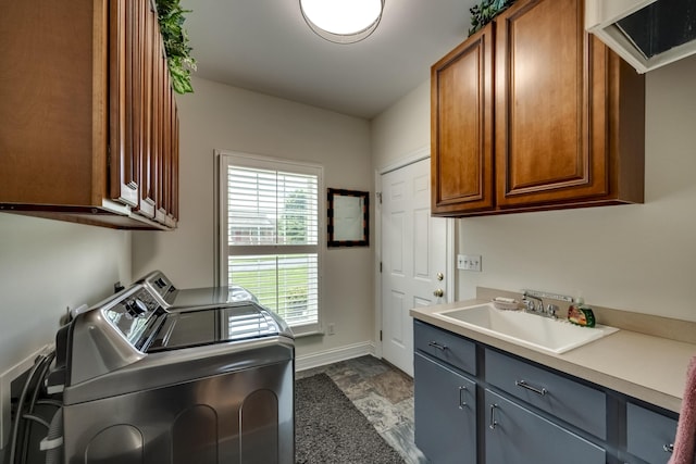 115 Old Bridge Rd, Danville, KY 40422 - laundry area with cabinet space, separate washer and dryer, baseboards, and dark stone finish flooring