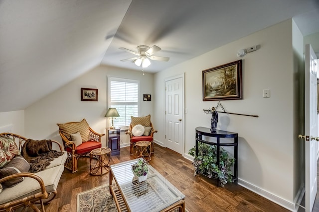115 Old Bridge Rd, Danville, KY 40422 - sitting room featuring a ceiling fan, dark wood-style flooring, vaulted ceiling, and baseboards