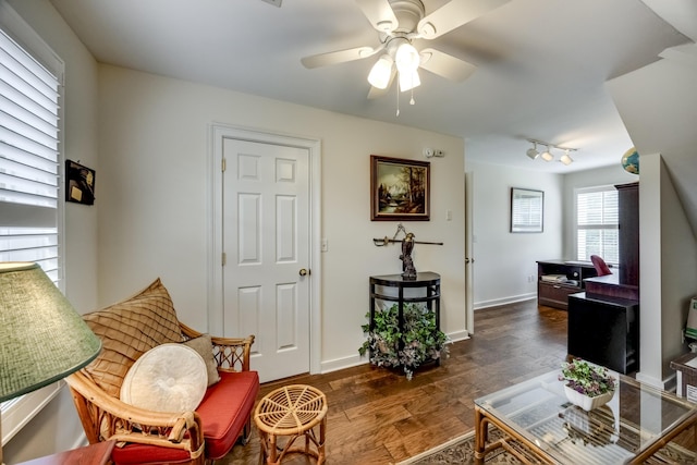 115 Old Bridge Rd, Danville, KY 40422 - living area featuring ceiling fan, baseboards, wood finished floors, and rail lighting