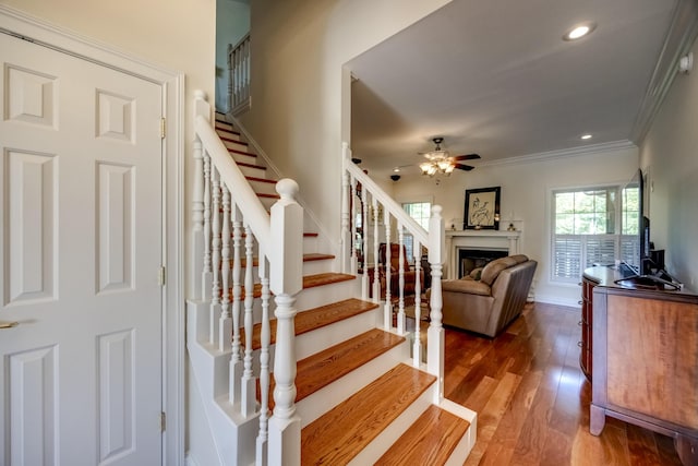 115 Old Bridge Rd, Danville, KY 40422 - stairs with ceiling fan, a fireplace, ornamental molding, wood finished floors, and recessed lighting