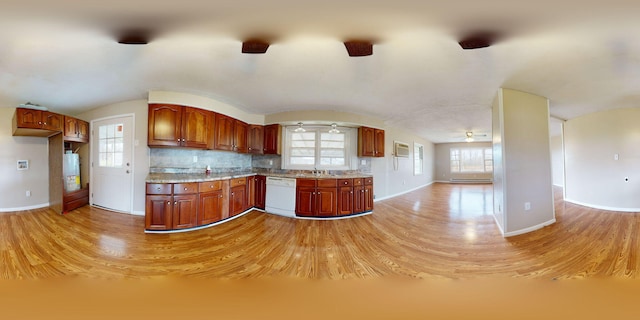 220 Johnson Ln, Berea, KY 40403 - kitchen featuring white dishwasher, baseboards, light wood finished floors, a ceiling fan, and gas water heater