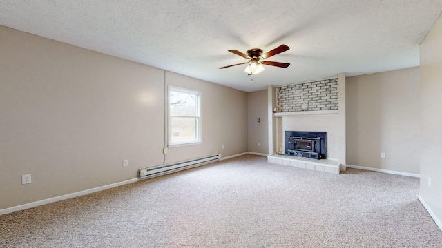 220 Johnson Ln, Berea, KY 40403 - unfurnished living room with a baseboard heating unit, a ceiling fan, carpet flooring, a textured ceiling, and baseboards