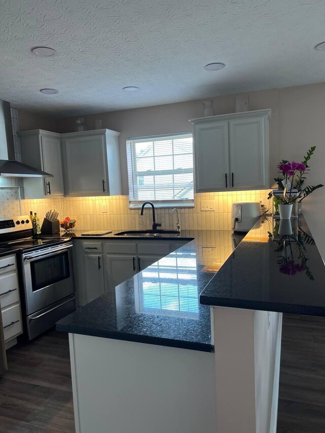 200 Manoah Ln, Nicholasville, KY 40356 - kitchen with stainless steel electric range, a sink, wall chimney exhaust hood, dark wood-style flooring, and a peninsula