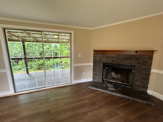 376 Cumberland Dr, Burnside, KY 42519 - unfurnished living room featuring wood finished floors, crown molding, a stone fireplace, baseboards, and a textured ceiling