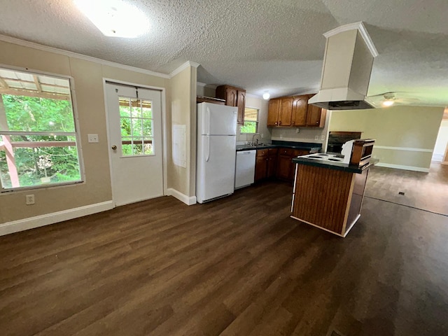 376 Cumberland Dr, Burnside, KY 42519 - kitchen with white appliances, dark countertops, island range hood, ornamental molding, and a textured ceiling