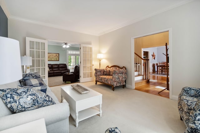 512 Water Cliff Dr, Somerset, KY 42503 - living area featuring crown molding, stairs, carpet flooring, a ceiling fan, and french doors