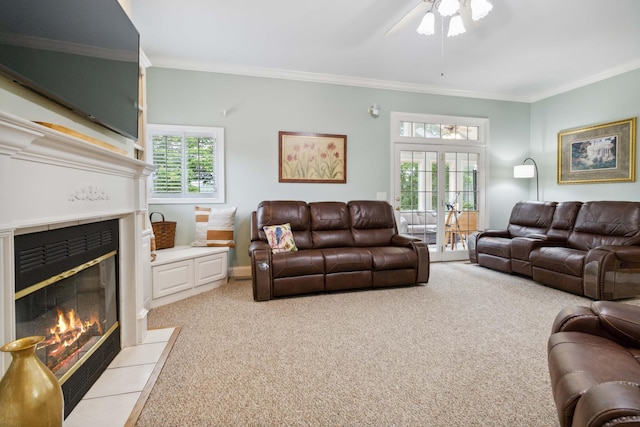 512 Water Cliff Dr, Somerset, KY 42503 - living area featuring light colored carpet, a fireplace with flush hearth, ornamental molding, and ceiling fan