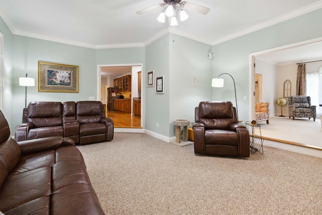 512 Water Cliff Dr, Somerset, KY 42503 - carpeted living room with ceiling fan, ornamental molding, and baseboards