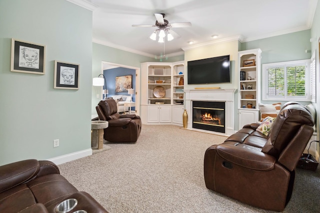 512 Water Cliff Dr, Somerset, KY 42503 - carpeted living area with a fireplace with flush hearth, ceiling fan, crown molding, and baseboards