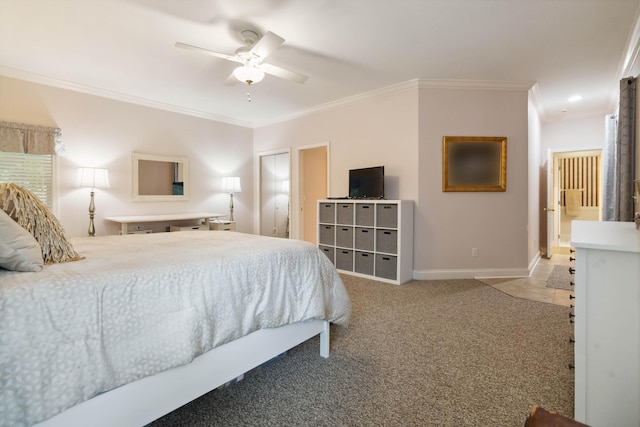 512 Water Cliff Dr, Somerset, KY 42503 - bedroom with ornamental molding, baseboards, light carpet, and ceiling fan