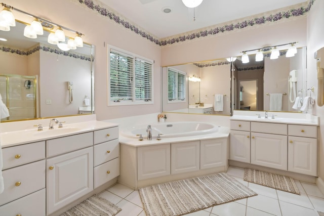 512 Water Cliff Dr, Somerset, KY 42503 - full bath with a stall shower, a bath, two vanities, and tile patterned floors