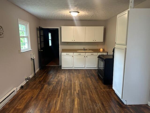 10650 Georgetown Rd, Owenton, KY 40359 - kitchen featuring black range with electric stovetop, a baseboard radiator, white cabinets, dark wood-type flooring, and a textured ceiling