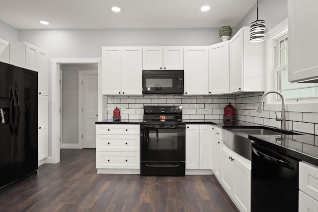 42 Cambron Ln, Raywick, KY 40060 - kitchen with black appliances, dark countertops, decorative backsplash, dark wood-style flooring, and recessed lighting