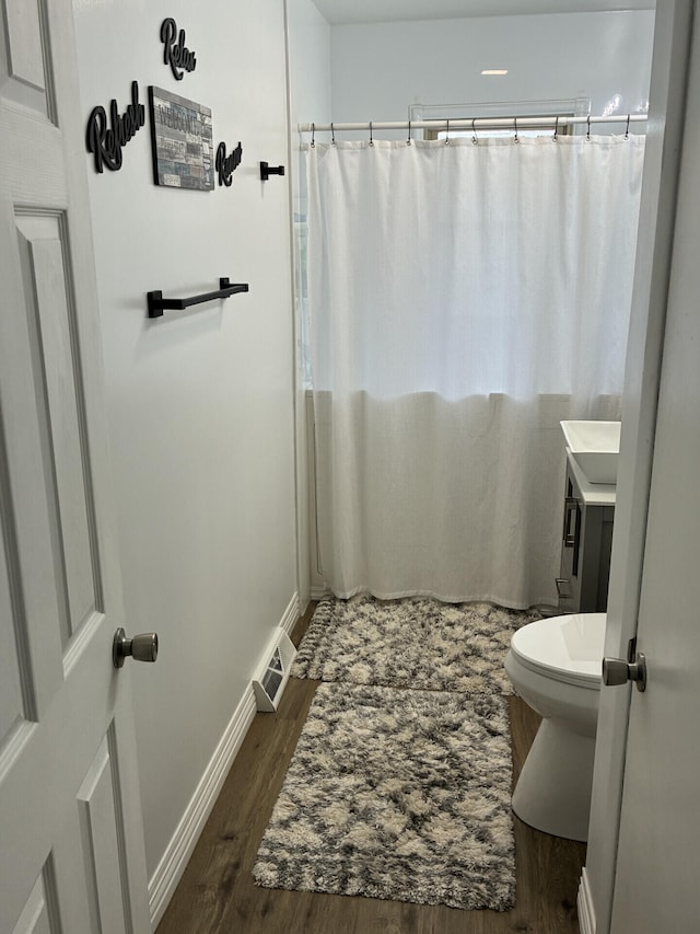 212 Baughman Ave, Danville, KY 40422 - bathroom featuring wood finished floors, toilet, vanity, baseboards, and a shower with curtain