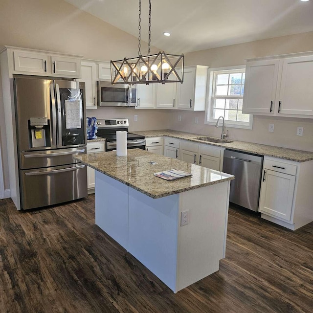 135 Watkins Branch Rd, East Bernstadt, KY 40729 - kitchen featuring stainless steel appliances, a sink, white cabinets, a center island, and dark wood-style floors