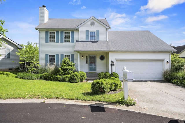 113 Medinah Ct, Frankfort, KY 40601 - view of front of home featuring an attached garage, a chimney, a front lawn, and concrete driveway