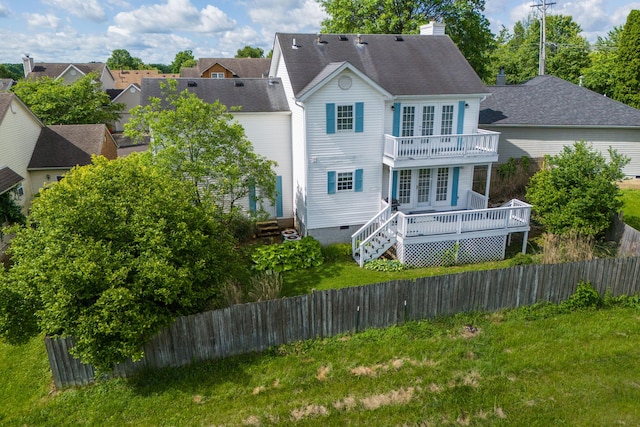 113 Medinah Ct, Frankfort, KY 40601 - rear view of property with a fenced backyard, a balcony, french doors, a chimney, and stairs