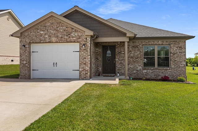 1130 Three Corners Dr, Lawrenceburg, KY 40342 - ranch-style house with a garage, driveway, brick siding, a front lawn, and a shingled roof