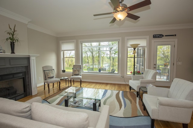 360 Persimmon Way, Harrodsburg, KY 40330 - living area with a premium fireplace, ornamental molding, wood finished floors, a ceiling fan, and baseboards