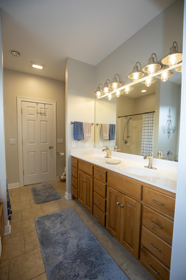 360 Persimmon Way, Harrodsburg, KY 40330 - bathroom with double vanity, curtained shower, tile patterned flooring, toilet, and baseboards