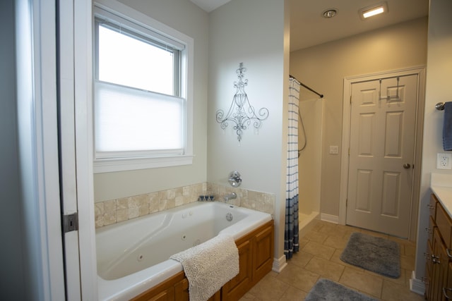 360 Persimmon Way, Harrodsburg, KY 40330 - bathroom featuring a tub with jets, a shower with shower curtain, vanity, and tile patterned flooring