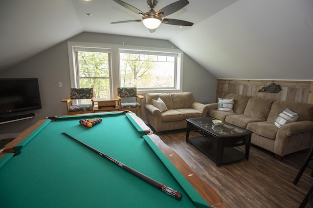 360 Persimmon Way, Harrodsburg, KY 40330 - playroom with wood finished floors, lofted ceiling, ceiling fan, and billiards