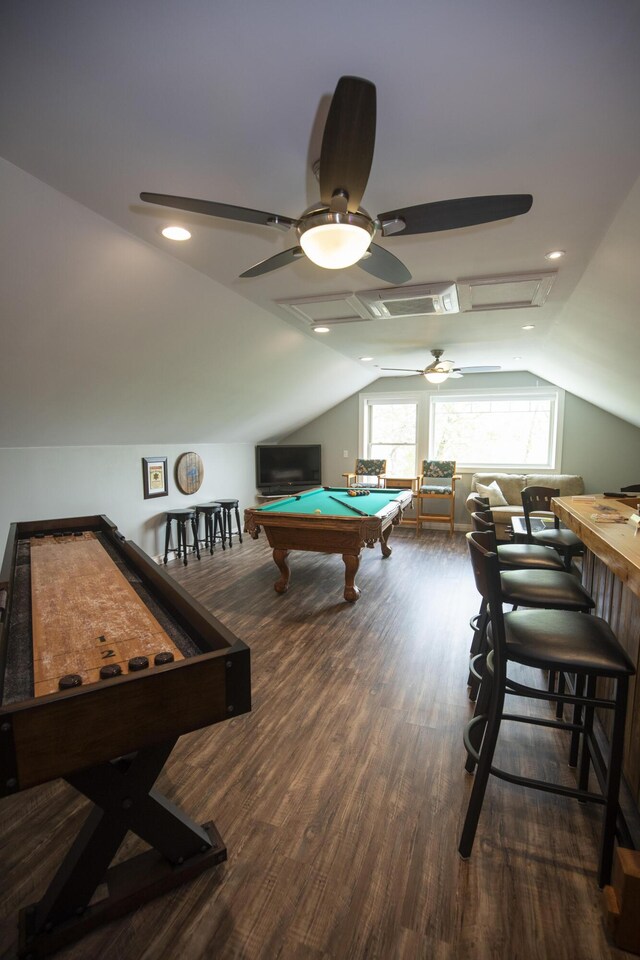 360 Persimmon Way, Harrodsburg, KY 40330 - playroom featuring billiards table, a ceiling fan, wood finished floors, and lofted ceiling