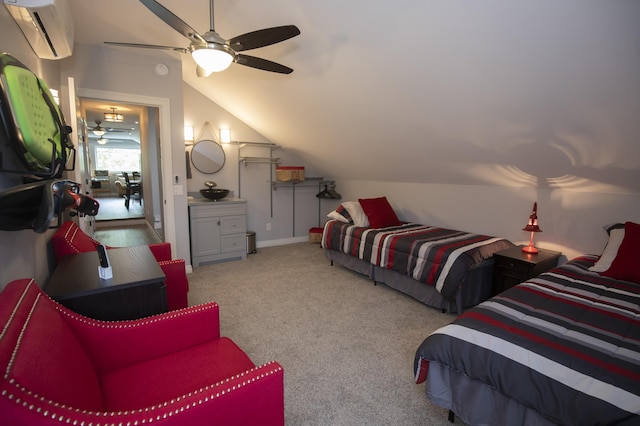 360 Persimmon Way, Harrodsburg, KY 40330 - bedroom featuring an AC wall unit, lofted ceiling, carpet flooring, and a ceiling fan