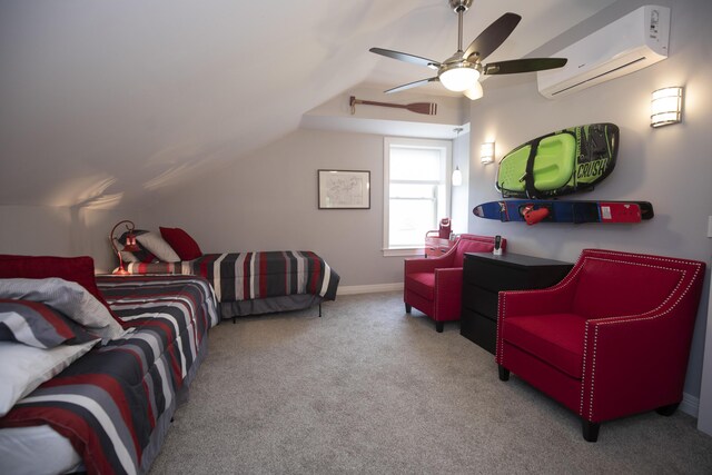 360 Persimmon Way, Harrodsburg, KY 40330 - bedroom with a wall unit AC, lofted ceiling, carpet floors, a ceiling fan, and baseboards