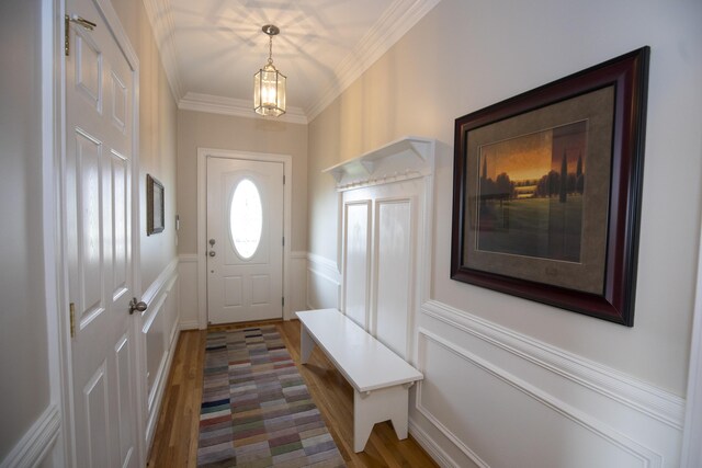360 Persimmon Way, Harrodsburg, KY 40330 - mudroom with wood finished floors, crown molding, a decorative wall, and wainscoting