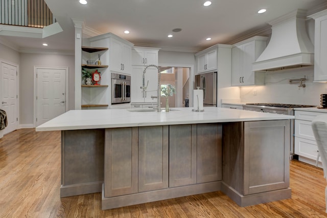 1304 Wakehurst Ct, Lexington, KY 40509 - kitchen with custom exhaust hood, stainless steel appliances, a sink, open shelves, and crown molding