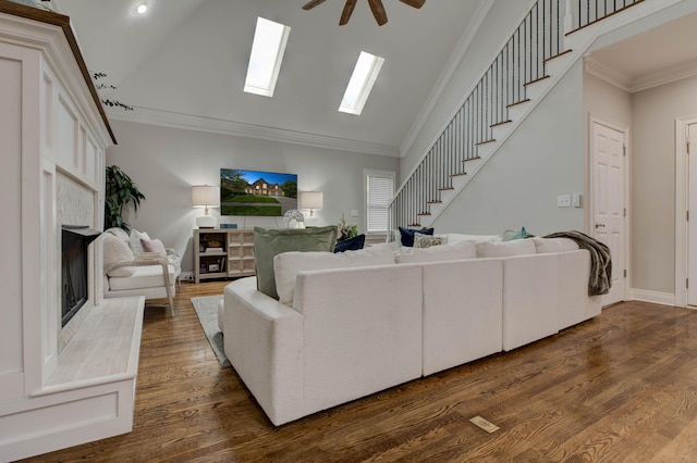 1304 Wakehurst Ct, Lexington, KY 40509 - living room with a high end fireplace, stairway, a skylight, lofted ceiling, and a ceiling fan
