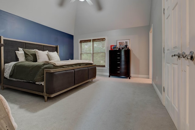 1304 Wakehurst Ct, Lexington, KY 40509 - bedroom featuring carpet floors, baseboards, high vaulted ceiling, and a ceiling fan