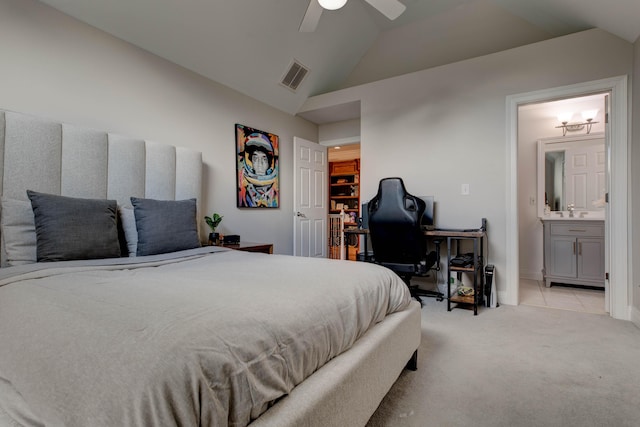 1304 Wakehurst Ct, Lexington, KY 40509 - bedroom featuring light carpet, vaulted ceiling, ceiling fan, ensuite bathroom, and baseboards